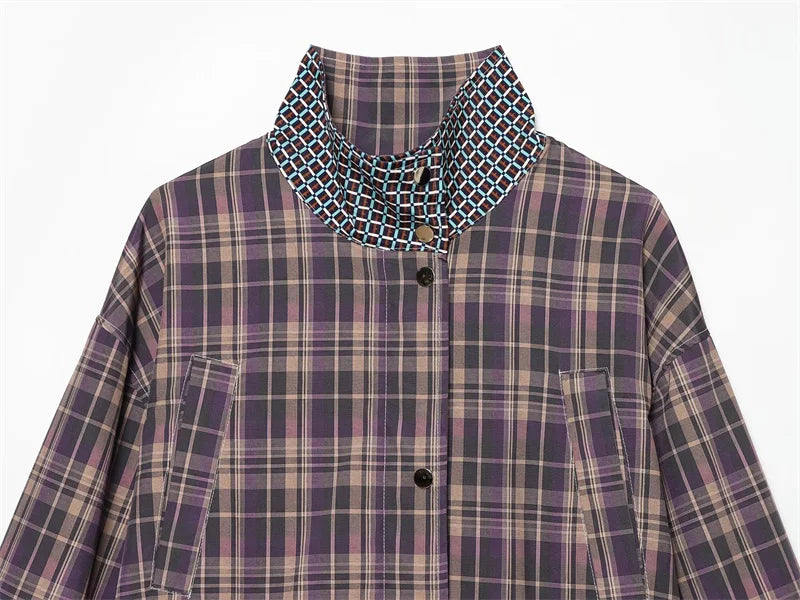 Women's Coat 2026 New Autumn Gray Plaid Long Sleeve Loose Drawstring Decorative Coat Casual Fashion Personal Ladies Outerwear