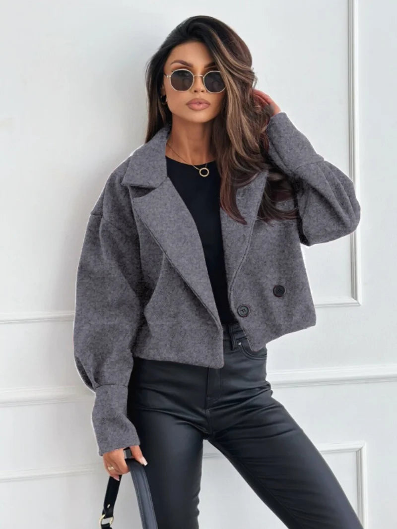 Women's Double Breasted Short Wool Coat Casual Lapel Collar Cropped Jacket For Autumn Winter Daily Wear