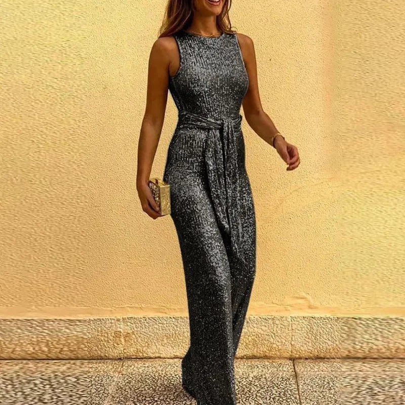 Women Jumpsuits Sexy Backless Sequins Elegant O Neck Sleeveless Lace Up Casual Rompers Glitter Party Clubwear Costume for Female