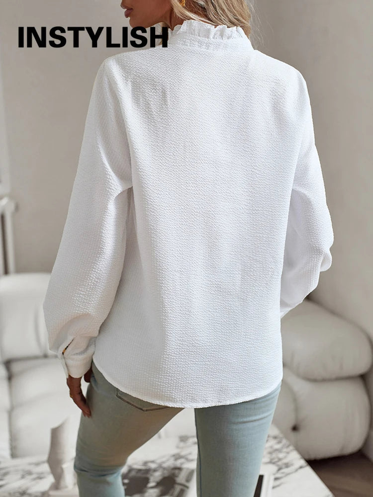 Women's Shirt Elegant Long Sleeve Ruched Stand Neck Office Lady Blouse Casual Button Shirts Harajuku Tunics Street Simple Tops