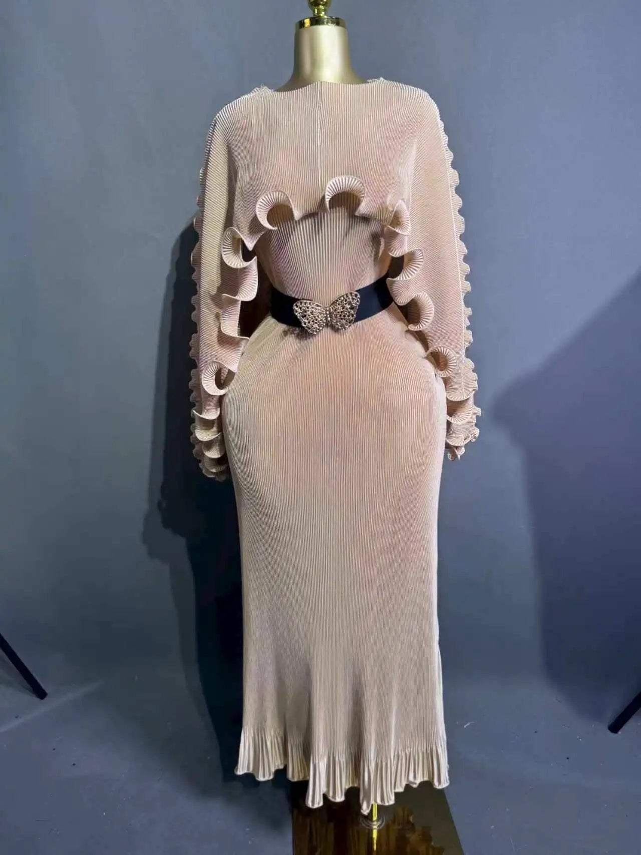 Elegant Pleated Long Dress with Butterfly Belt Women Cape Sleeve Wave Edge Ruffle Evening Party Dress