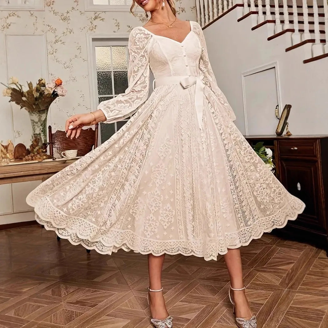 Elegant Party Dress For Woman Evening Prom Dresses Lace Long Gown V Neck Maxi Dress White Pink Floral Lace A Line Balloon Sleeve