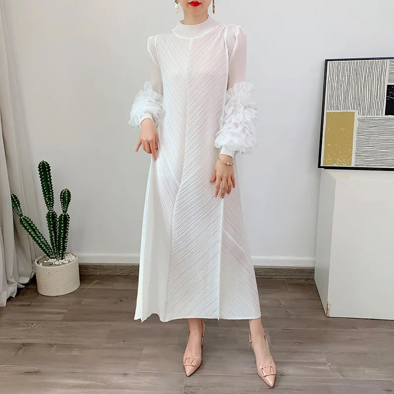 Women Elegant Evening Party Dresses 2025 Summer New Solid Colour Classic Long Sleeve Plate Flower Design Prom Dresses Female