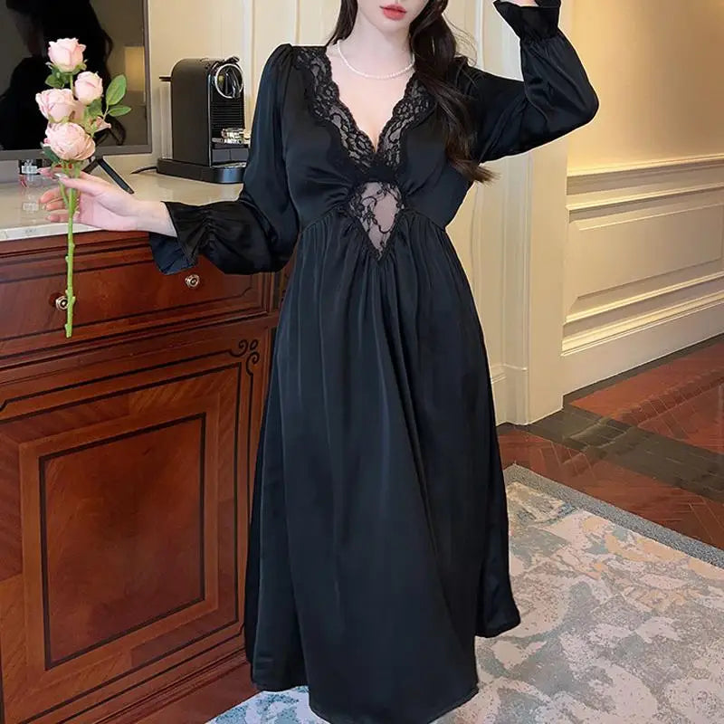 Female Long Nightdress Retro French Court Style Princess Nightgown Sleepwear Spring Summer Loose Rayon Home Clothes Lounge Wear