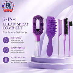 5Pcs Hair Care Styling Kit All-in-One with Spray Comb, Scalp Massage Brush, Rat Tail Comb & Edge Brushes for Home Salon Use