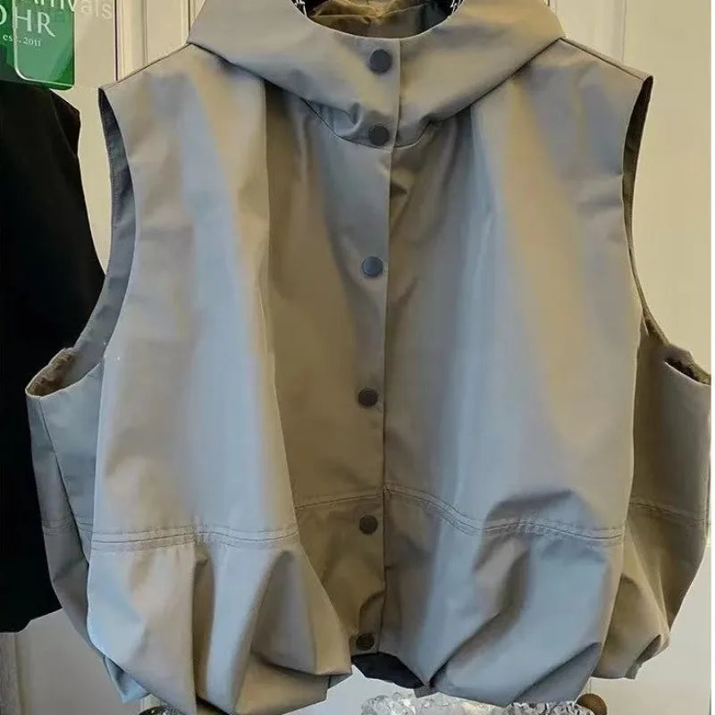 Women Hooded Vests Coats Single Breasted Loose Casual Tops Spring Autumn Korean Simple All-match Breathable Waistcoat