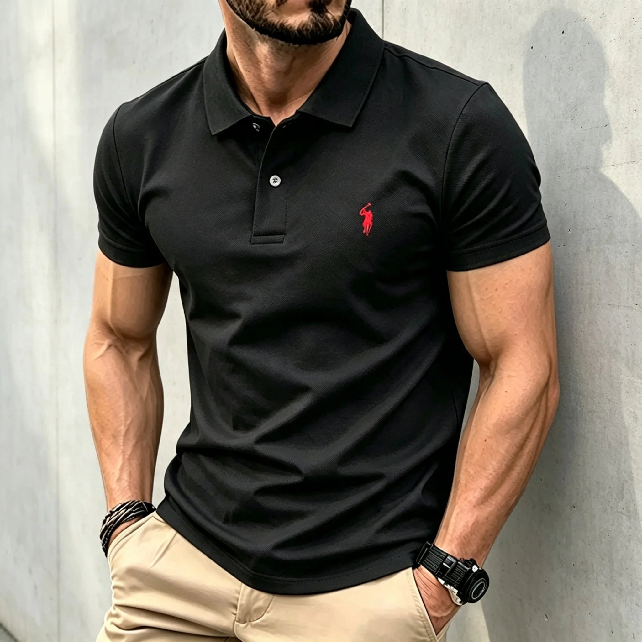 Men Solid Color Polo Shirt Regular Fit Business Casual Short Sleeve Tops With Small Horse Embroidery Chest Print men shirts