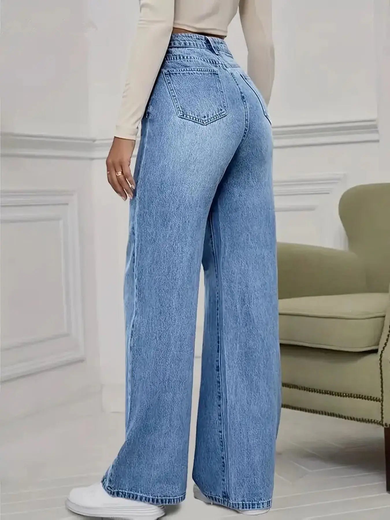 Spring and Autumn New Sky Blue Jeans for Women, Water Washed, Loose, Casual, Wide Legs, Comfortable, Vintage Pants