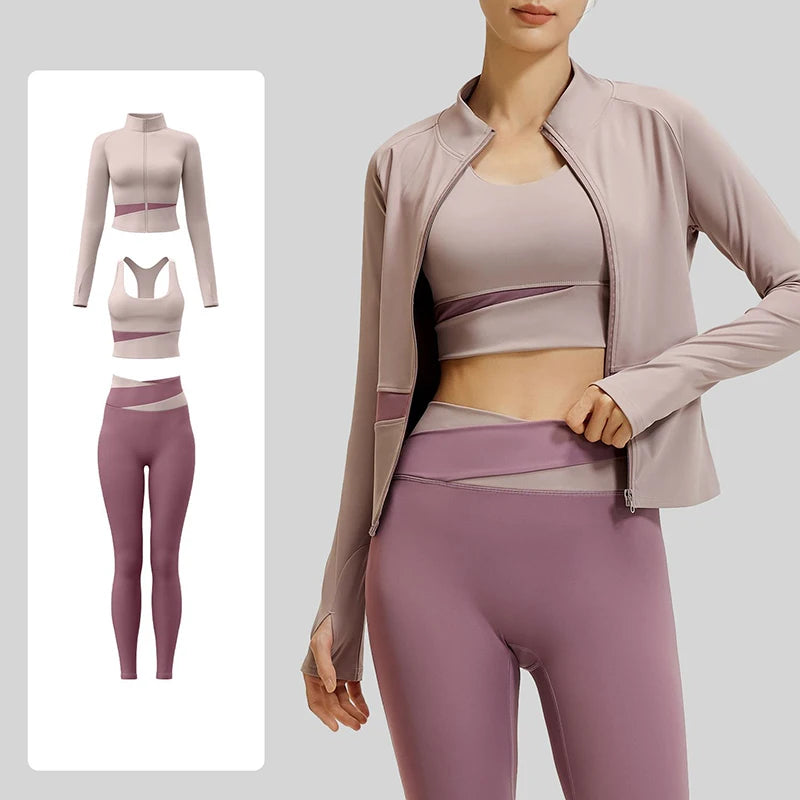 Women's Color Block 3 Piece Yoga Set with Thumb Hole Running Waist Cincher Slim Fit Workout Set Lightweight Pilates Clothes