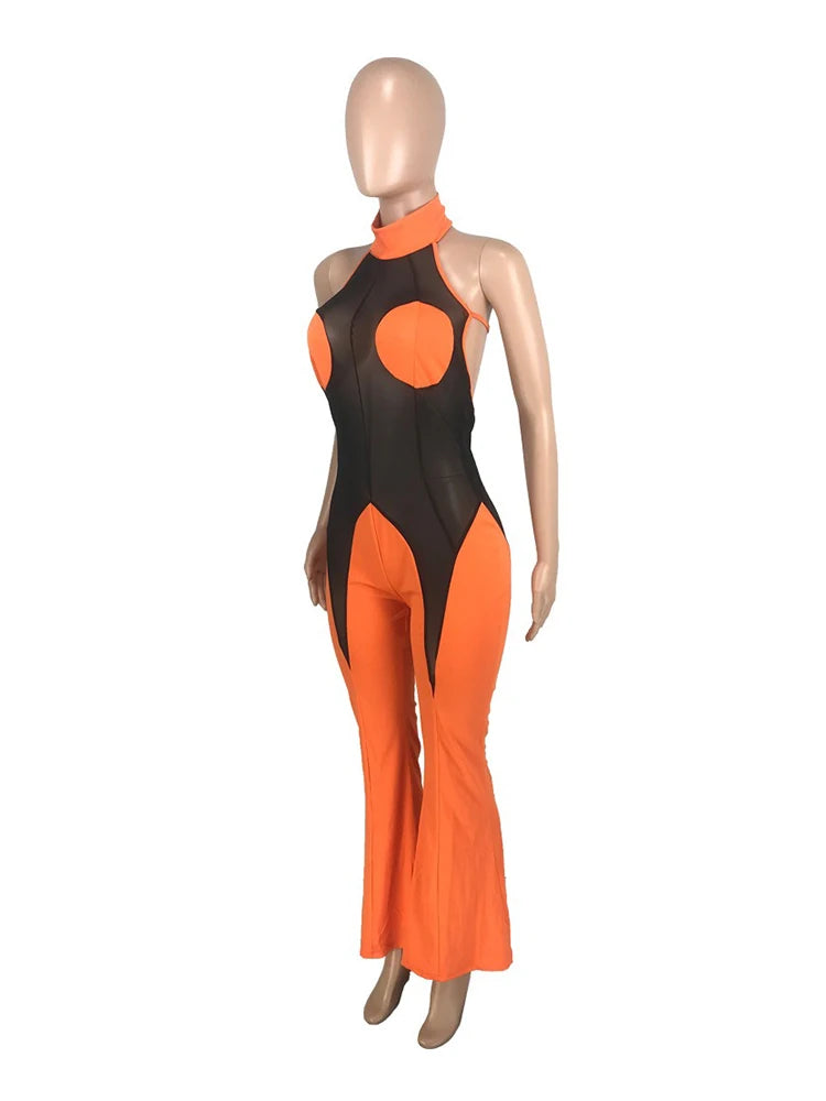 Sheer Lace Halter Flare Jumpsuit
