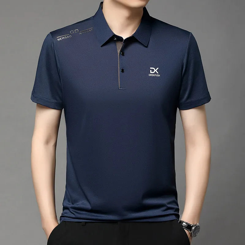 Men's Business Casual Short Sleeve Polo Shirt Solid Color with Badge Fashionable Breathable Comfortable Versatile Business Top