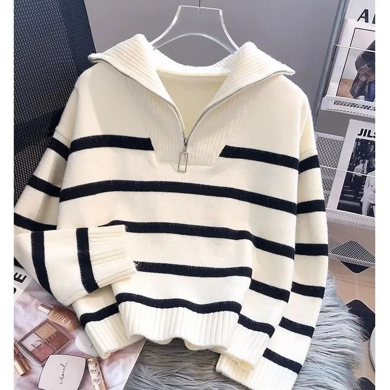 Sweater Pullover Women Spring and Autumn Underwear 2026 New Zipper Stripe Underlay Short Style Popular Premium Sweater Female