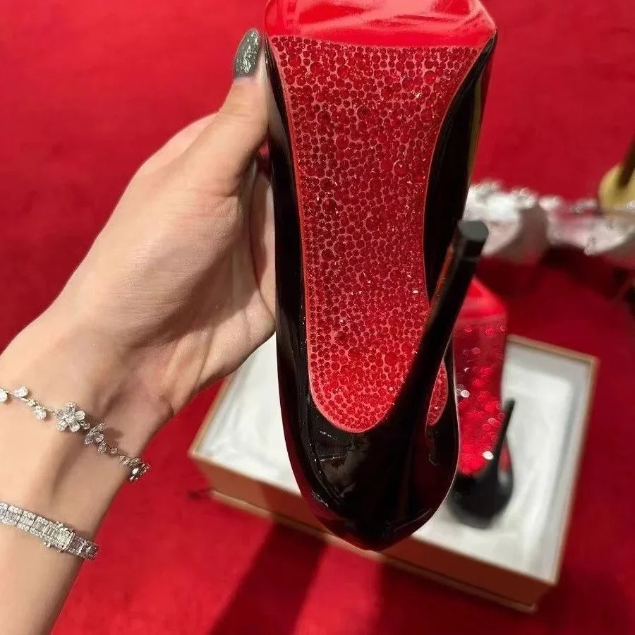 High Heels Women's Slim Heels New Stunning and Sexy Wedding Shoes Black Patent Pointed Single Shoes High Heels Туфли Женские