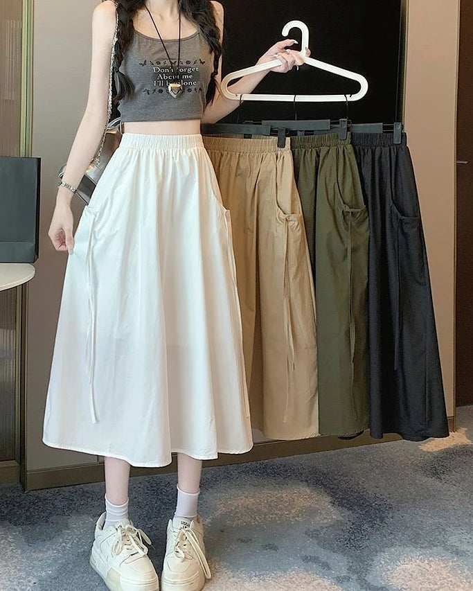 Drawstring Cargo A-Line Midi Skirt