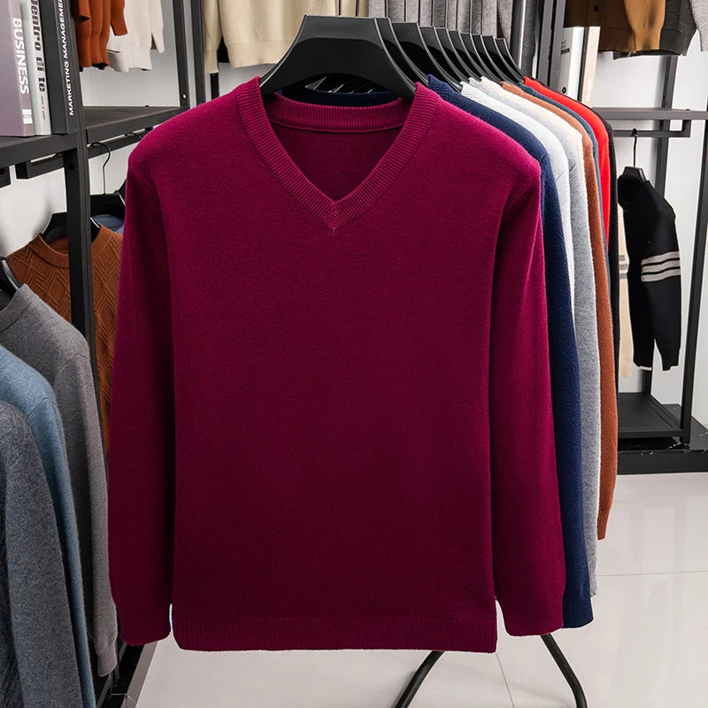 New Sweatwear Men's V Neck Basic Solid Color Sweaters Round Neck Elastic Pullovers Warm Autumn Knitted Oversized Sweater Men