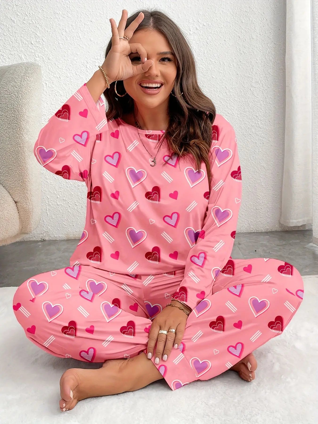 Plus Heart Print Pajama Set