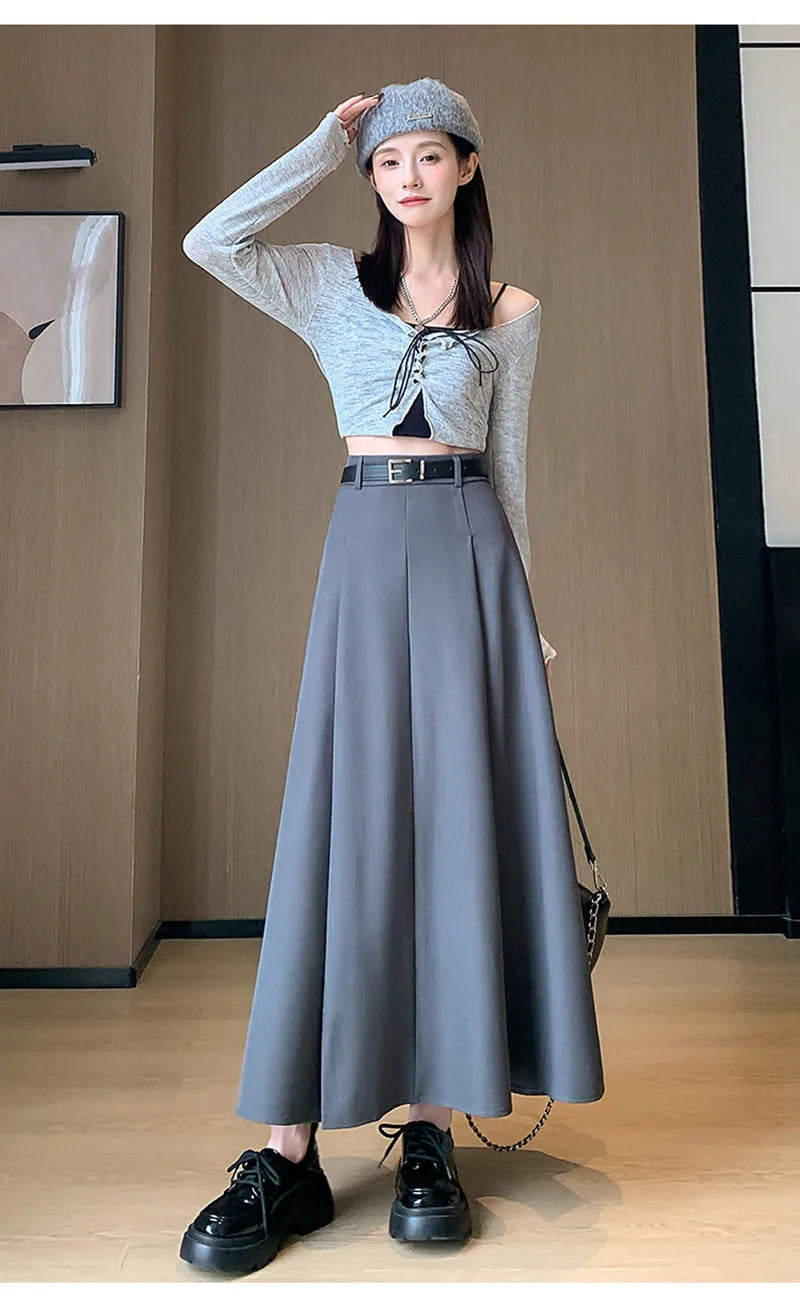 Elegant Skirts for Women Korean Style Long Skirt Female Black Pleated Midi Skirt Women's Clothing Office Lady Skirts Outfits New