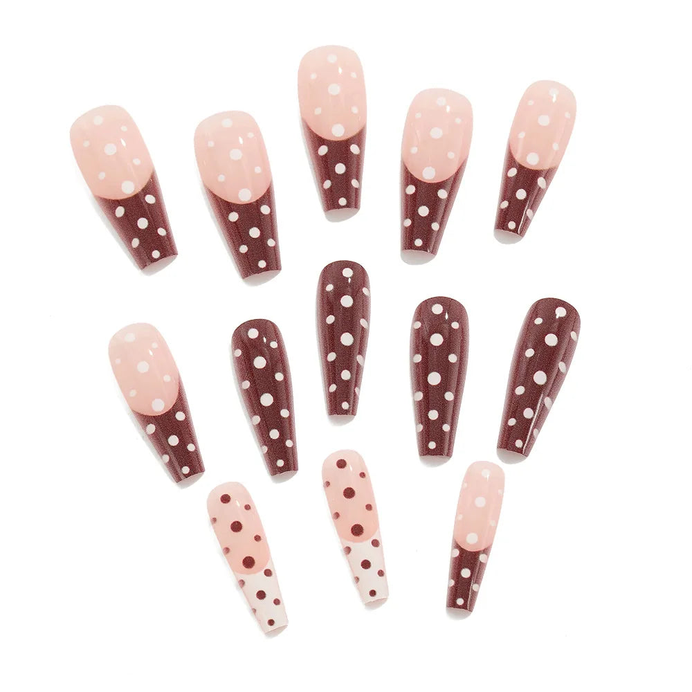 Medium long fake nails for women girls pink white black red blue brown polka dots design almond ballet tips press on false nail