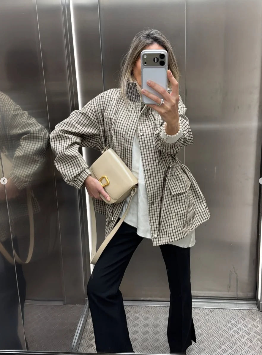 Women's Coat 2026 New Autumn Gray Plaid Long Sleeve Loose Drawstring Decorative Coat Casual Fashion Personal Ladies Outerwear