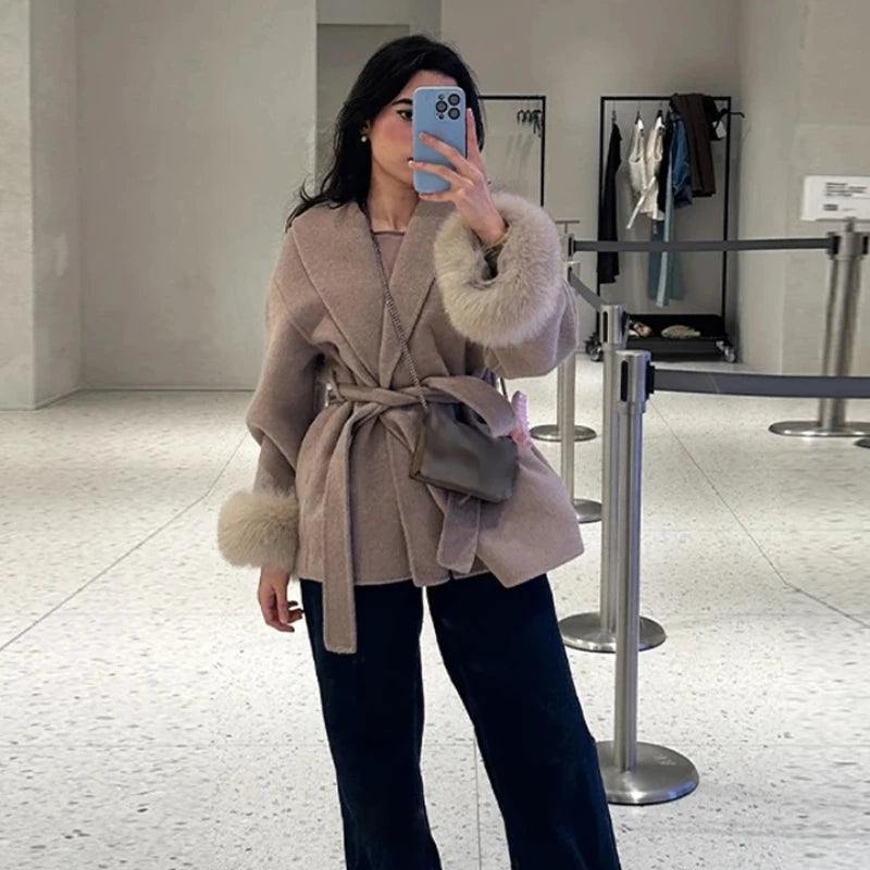 Elegant Women's Lace Up Woolen Coats Solid Full Sleeve Turn-down Collar Loose Lady Coats 2025 Autumn Winter Female Streetwear
