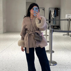 Elegant Women's Lace Up Woolen Coats Solid Full Sleeve Turn-down Collar Loose Lady Coats 2025 Autumn Winter Female Streetwear