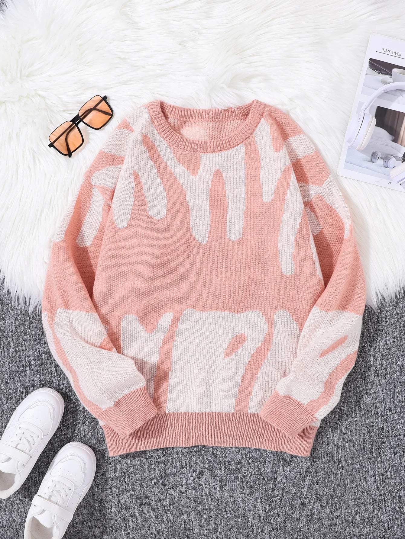 Geometric Knit Contrast Pullover Sweater