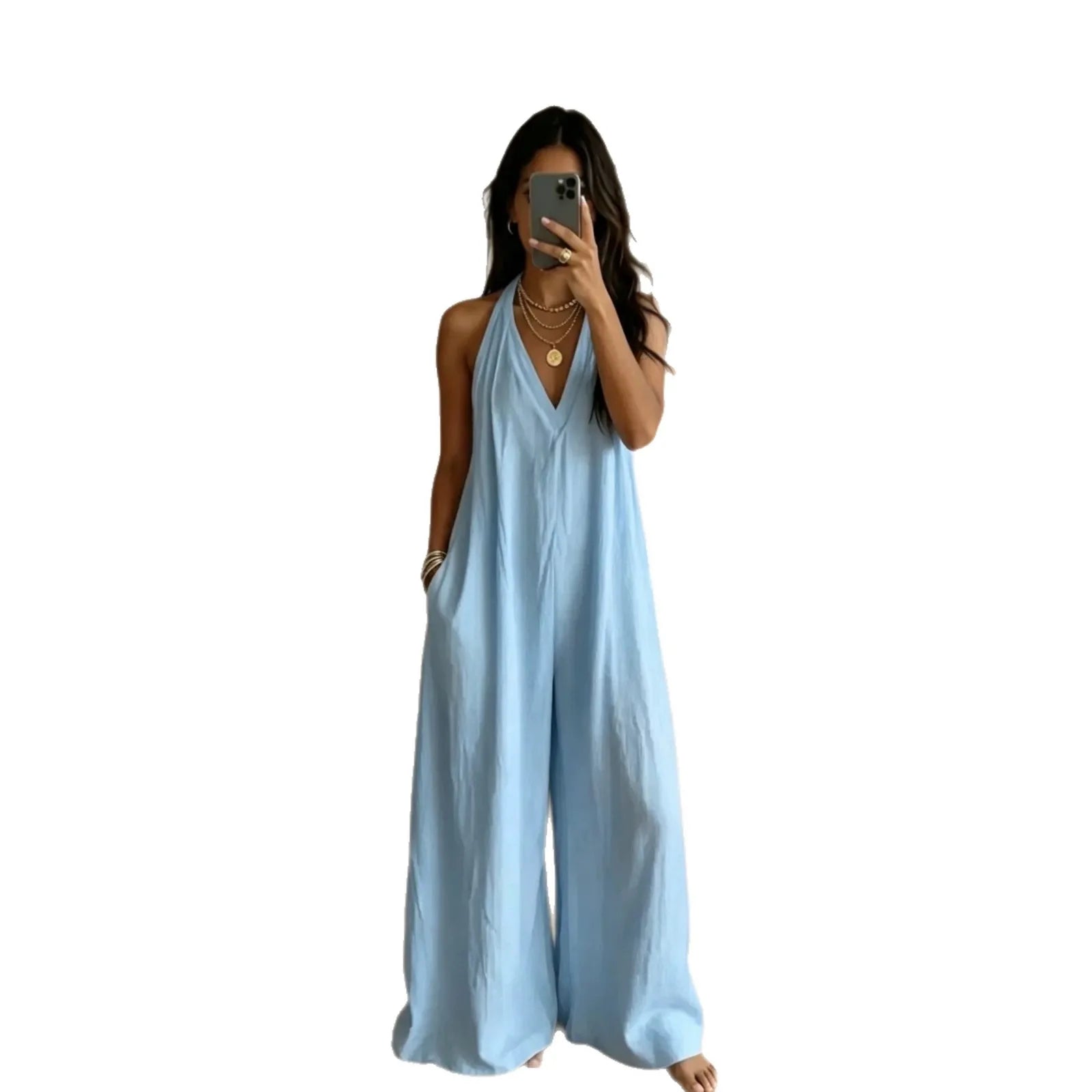 Women's White Halter Jumpsuit Deep V Neck Sleeveless Wide Leg Cuffed Hem Pocketed Boho Resort Casual Summer Y2K Chic Jumpsuit