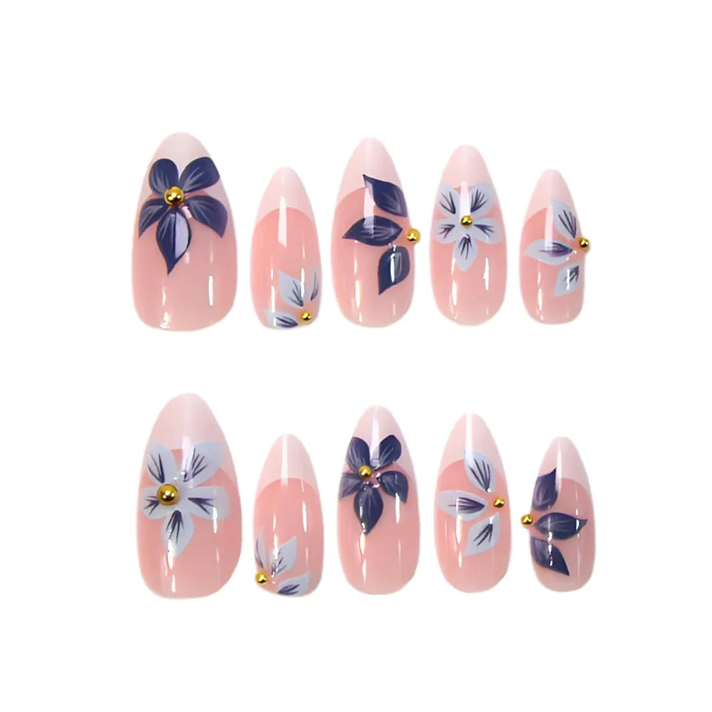 Medium fake nails for women Gradient nude brown blue flowers or rhinestones fall winter almond tips press on false nail art set