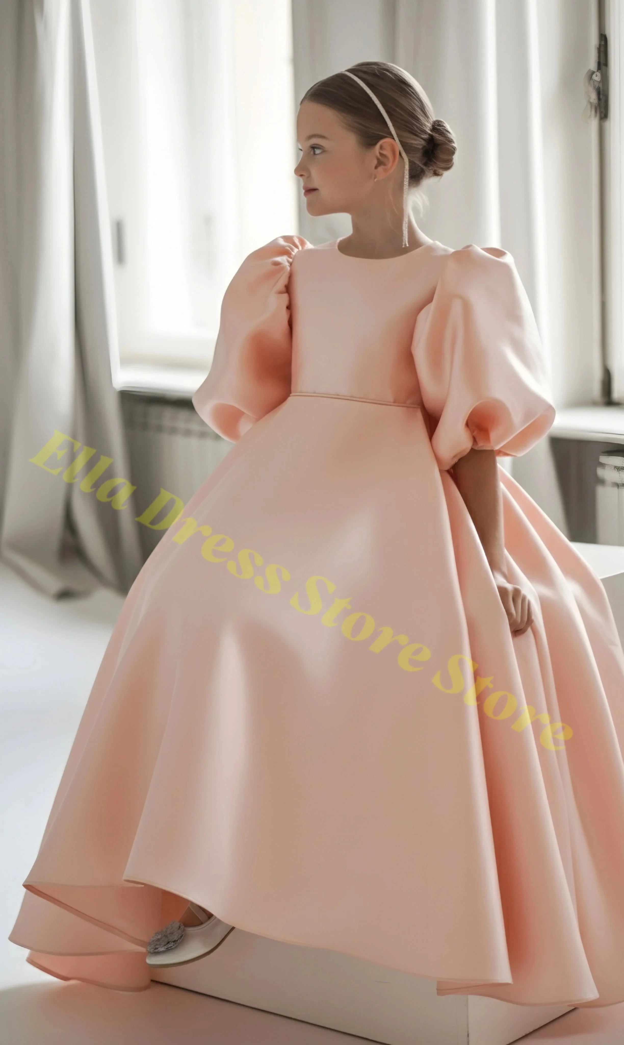 Elegant Girls Wedding Party Dress Satin Flower Girl Dress Bows Half Sleeves Formal Gala Dresses for Bridesmaid Dress Wholesale