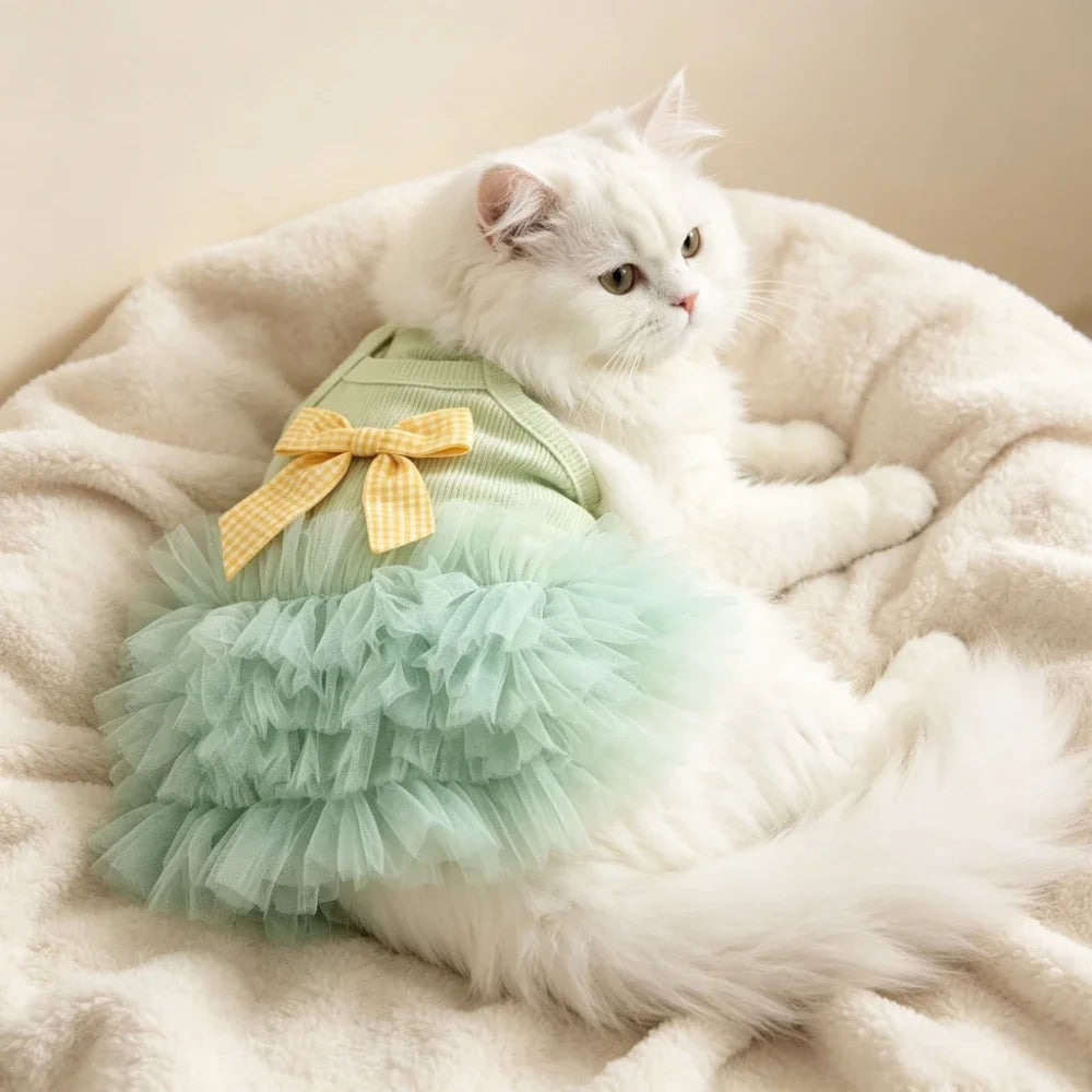 1pc Summer breathable pet dress, paired with checkered bow camisole skirt, sleeveless vest, cat and dog clothing