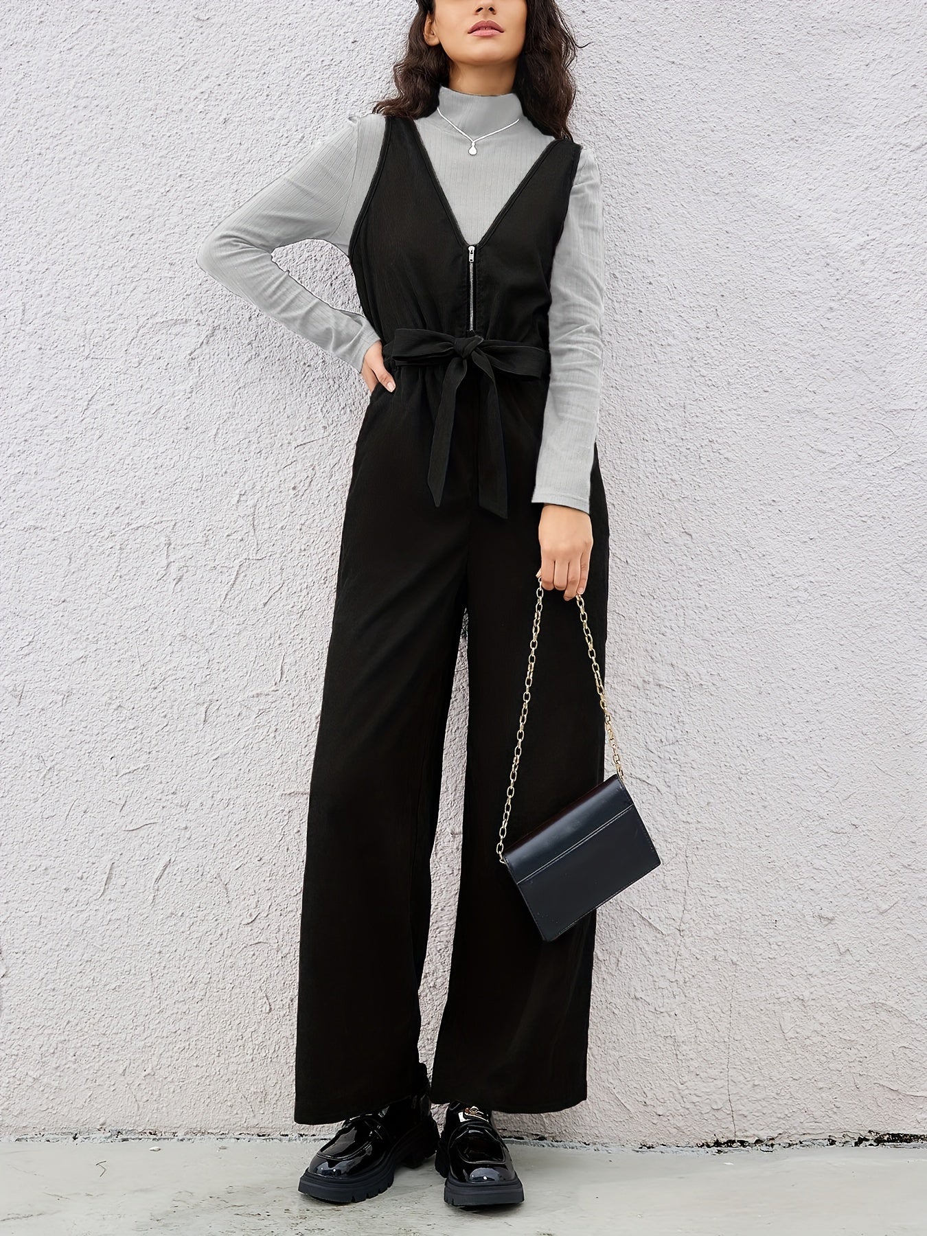 Women Belted V-Neck Zipper Jumpsuit