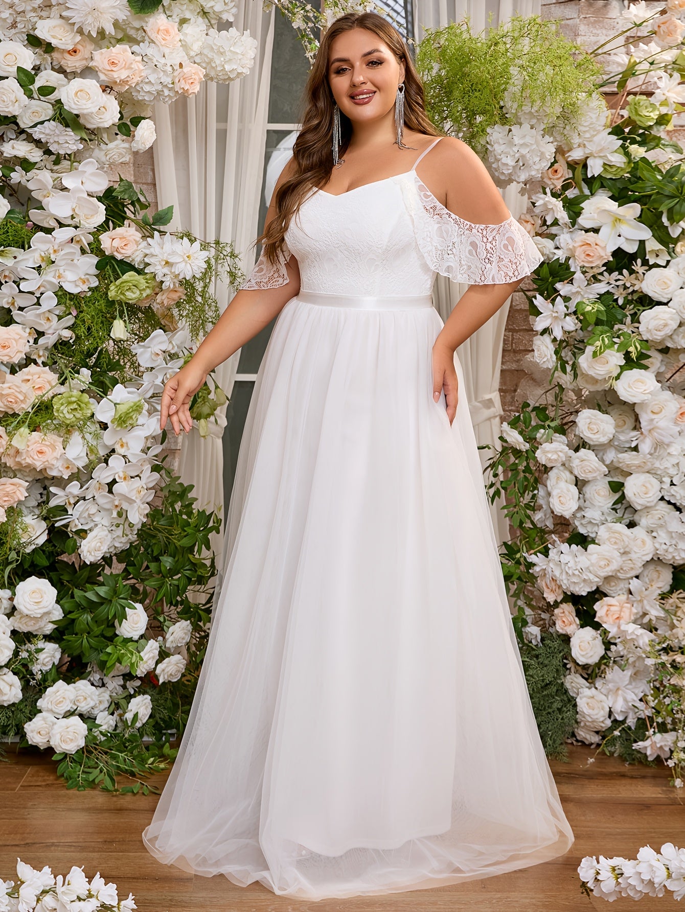 Plus Size Cold Shoulder Lace Wedding Dress