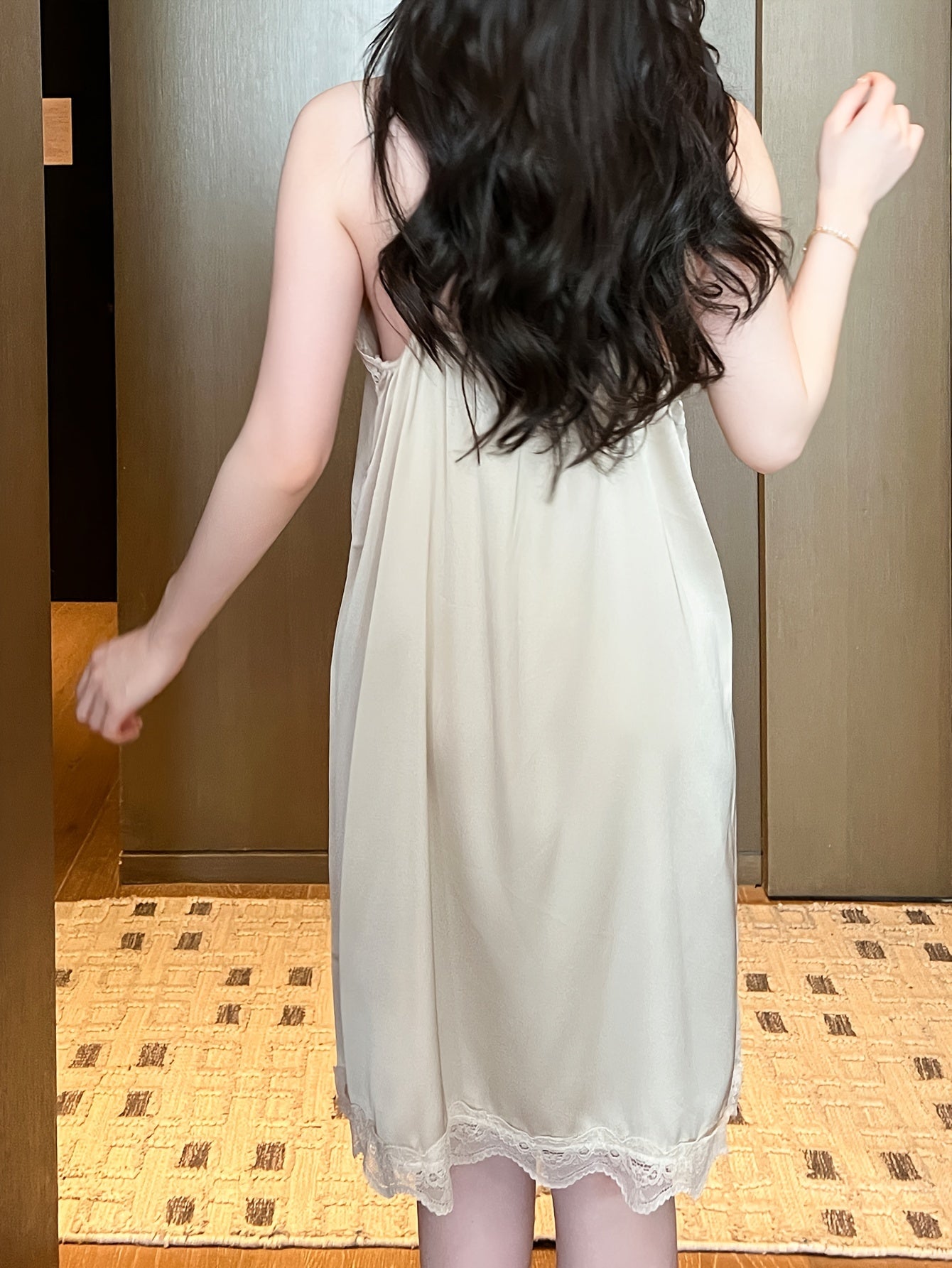 Women Satin Lace Trim Night Dress