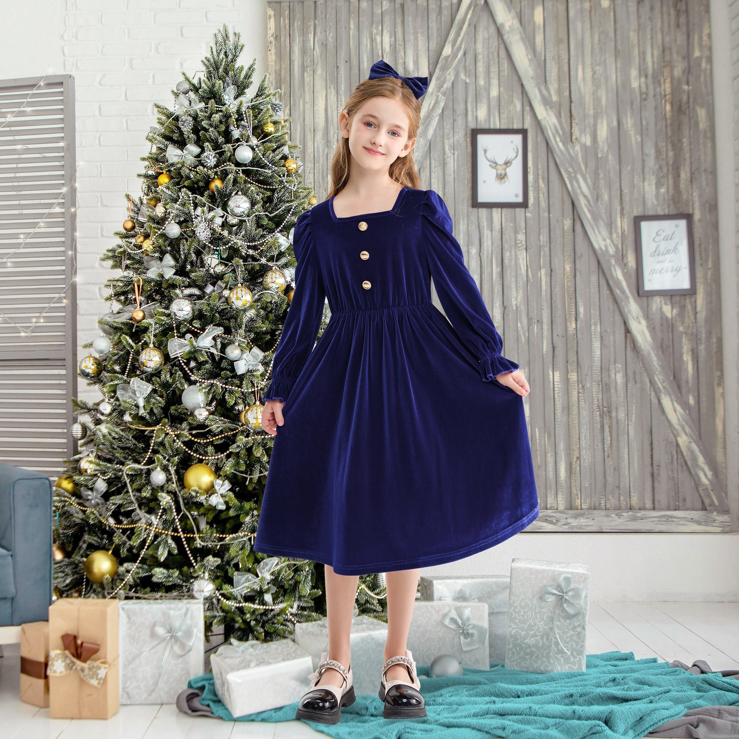 Vintage Velvet Pleated Party Dress for Girls