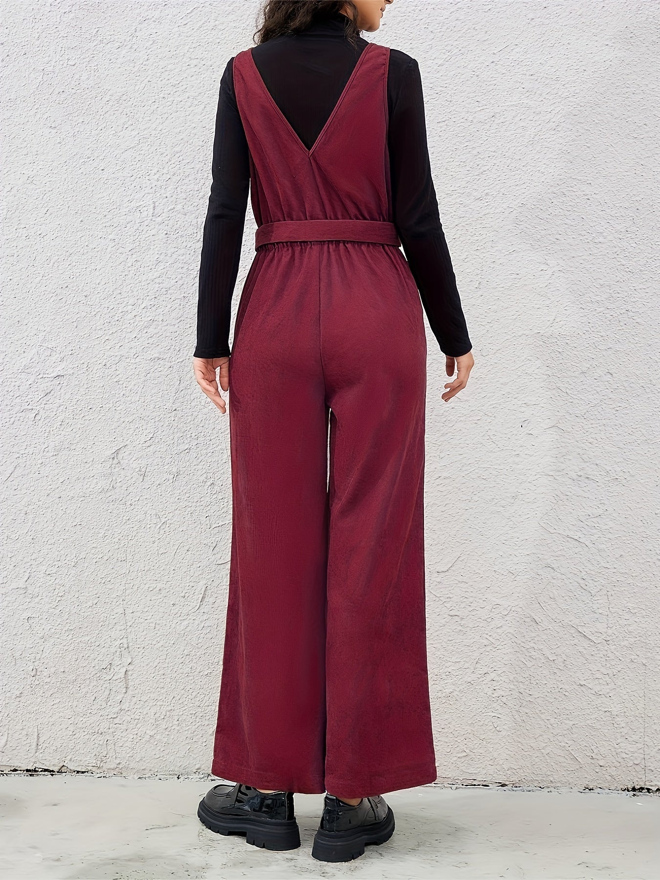 Women Belted V-Neck Zipper Jumpsuit