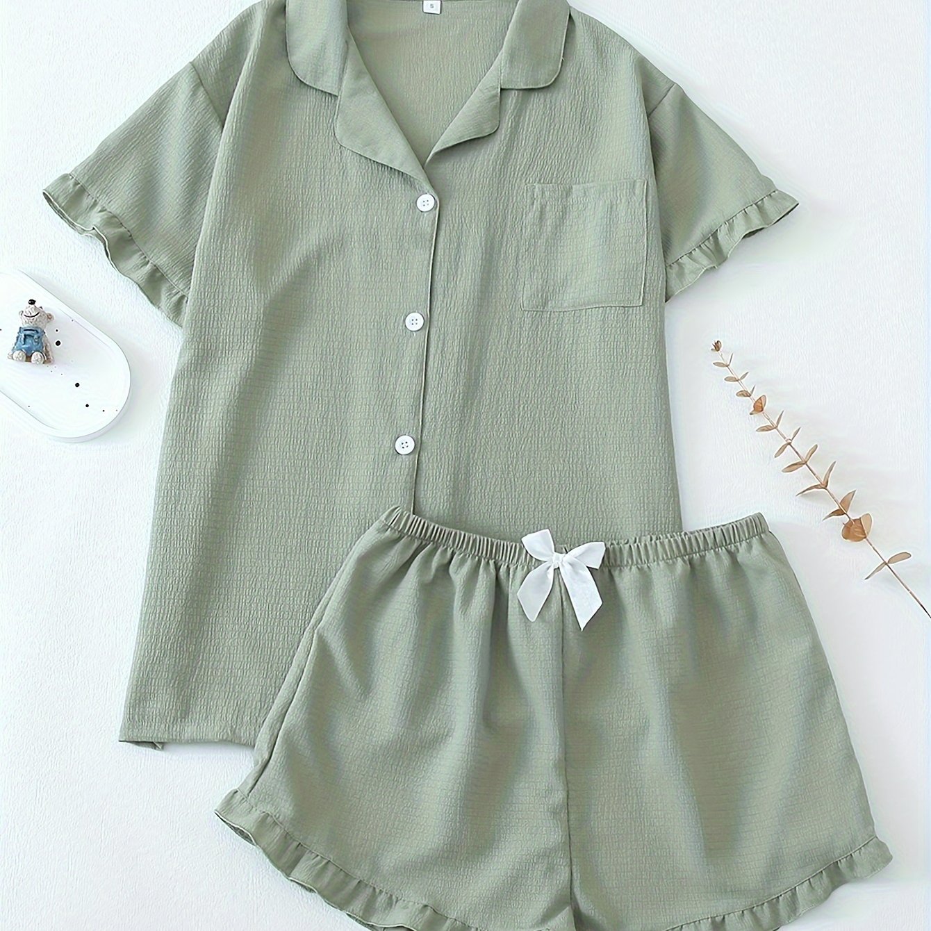 Women Ruffle Hem Pajama Shorts Set