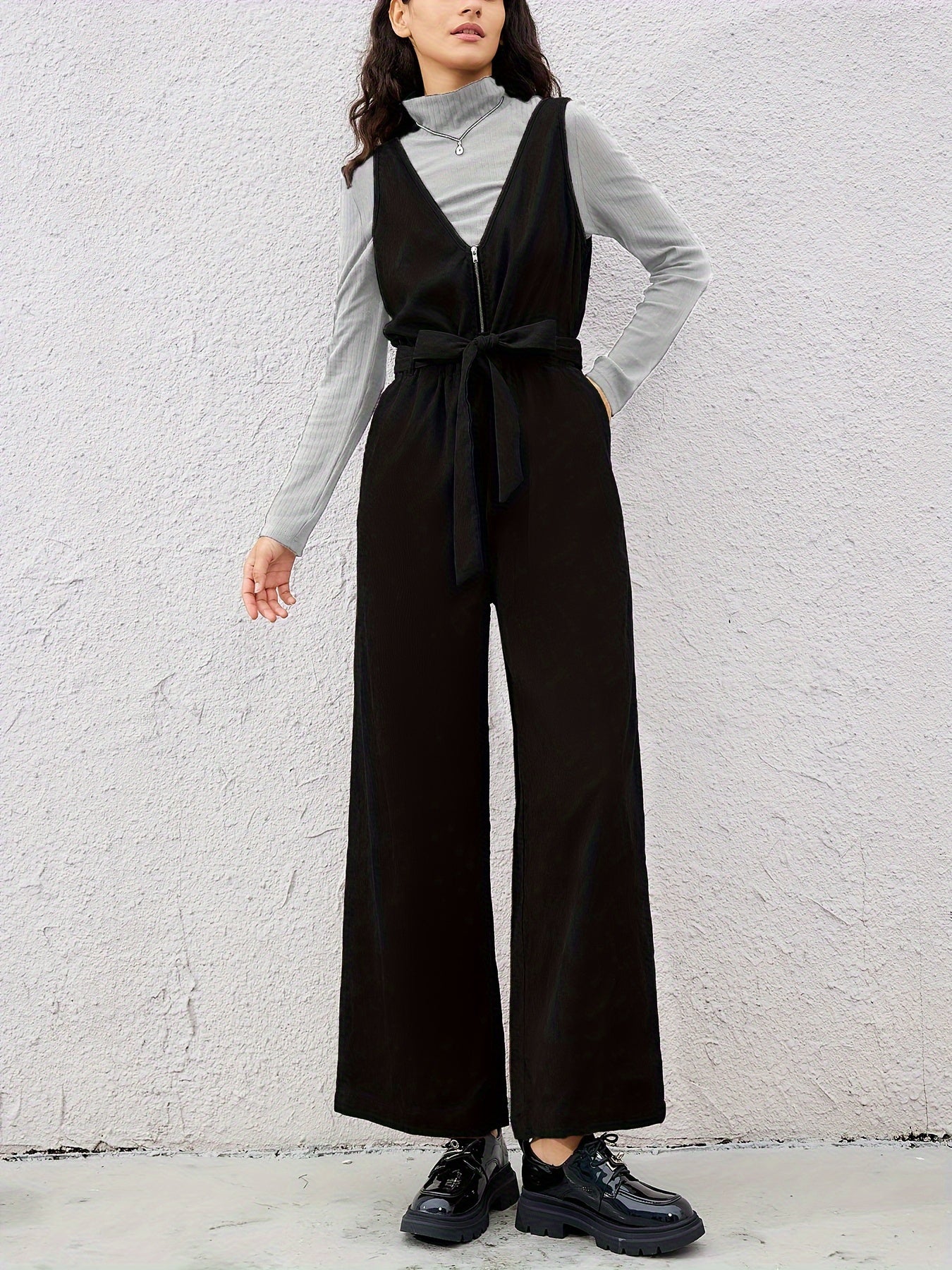 Women Belted V-Neck Zipper Jumpsuit