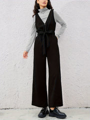 Women Belted V-Neck Zipper Jumpsuit