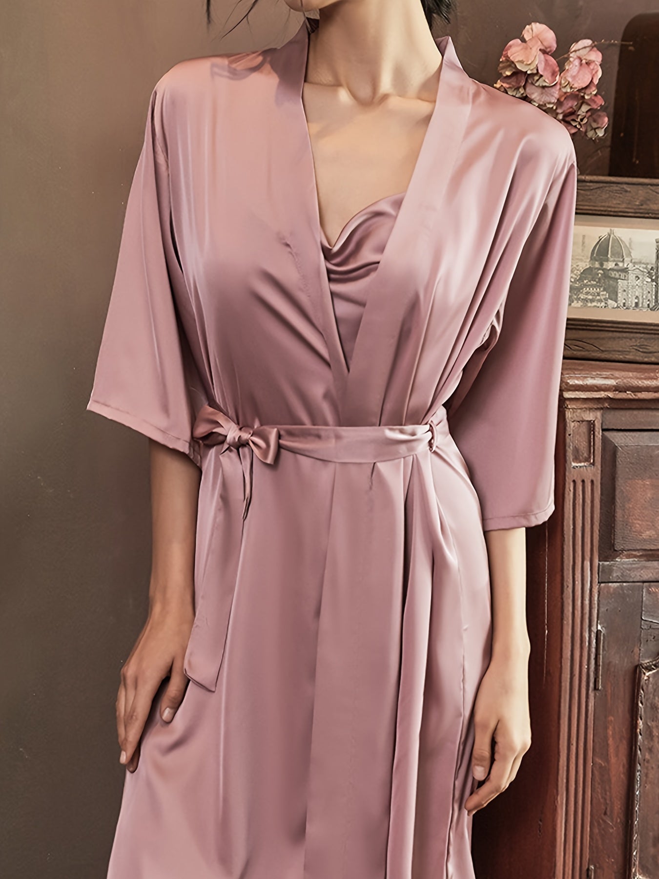 Women Satin Robe and Slip Pajama Set