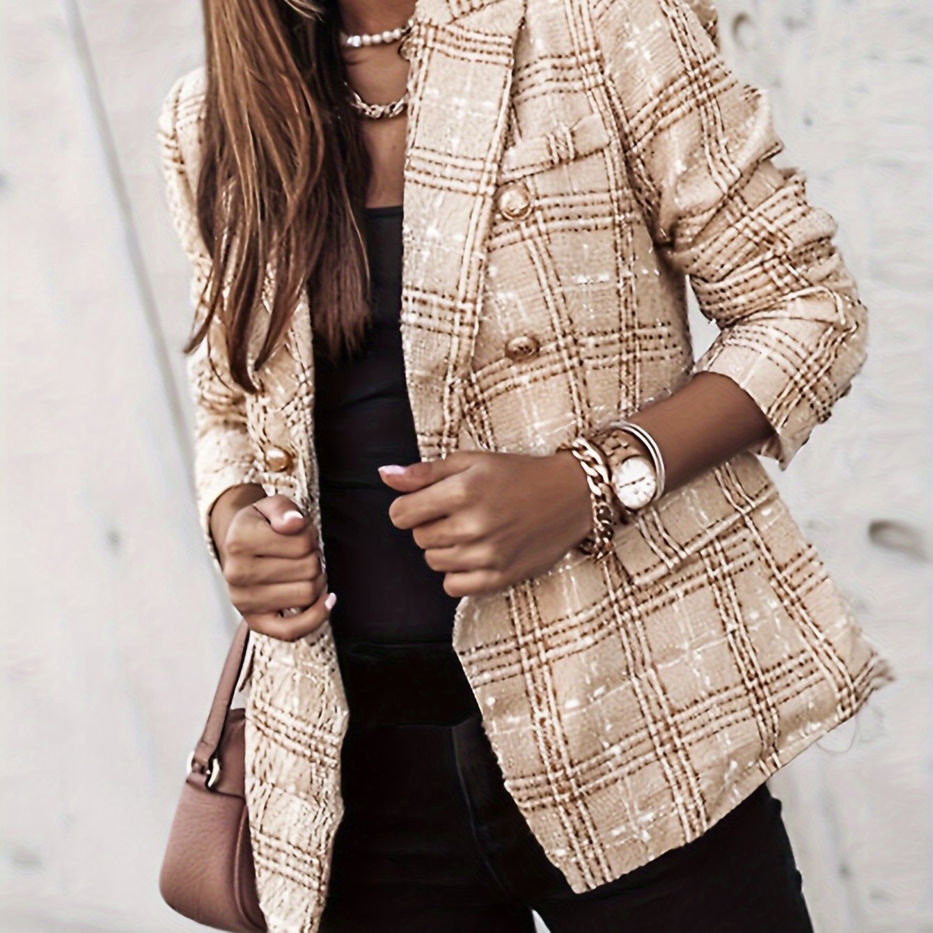 Elegant Tweed Check Office Blazer