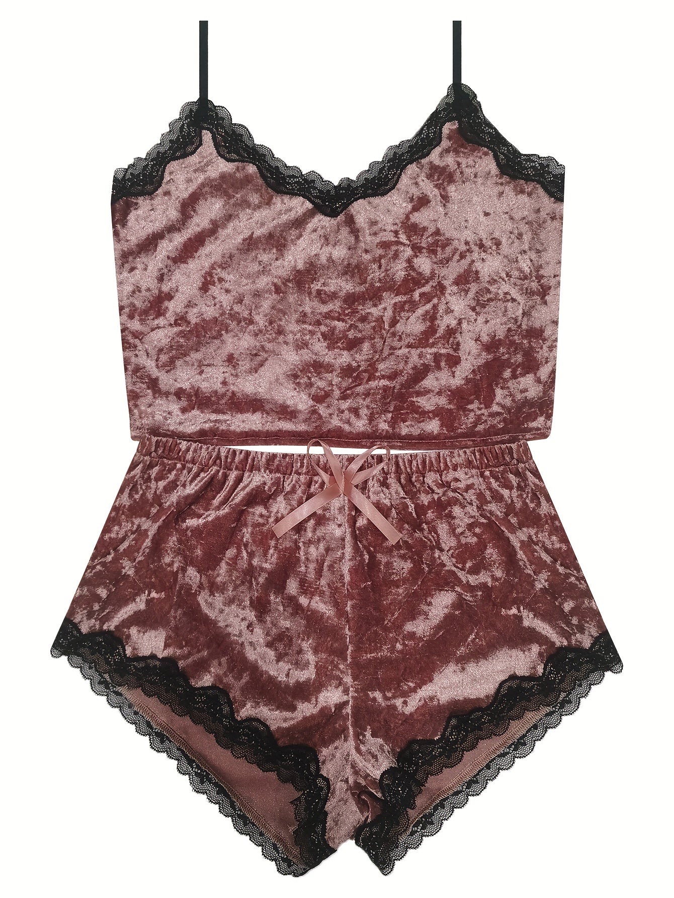 Women Lace Trim Velvet Pajama Set