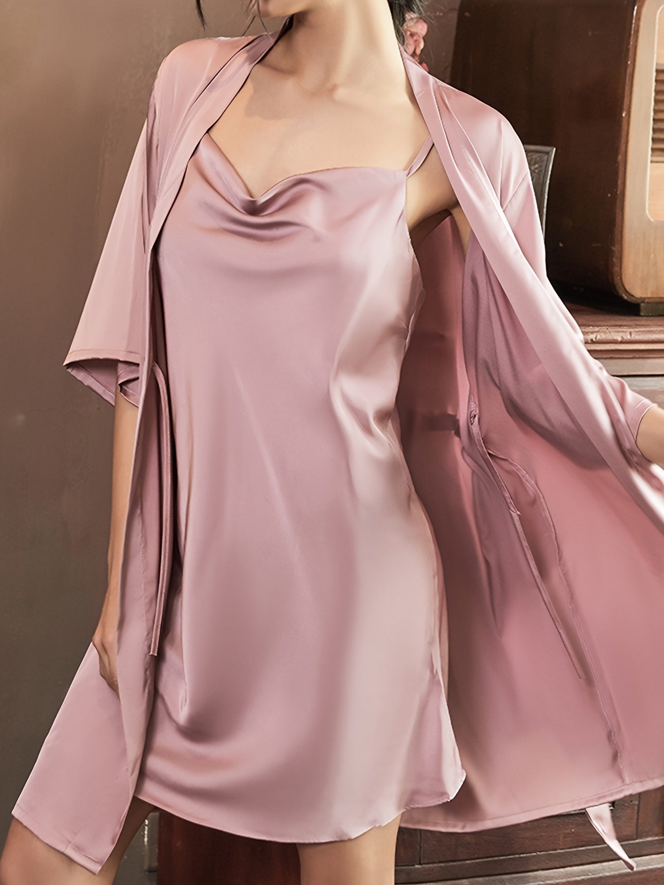 Women Satin Robe and Slip Pajama Set