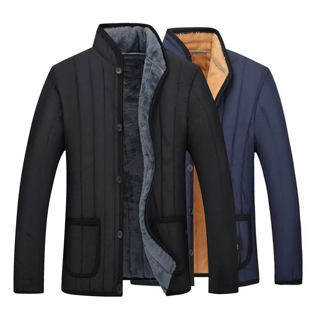 Men Coat Solid Color Single-Breasted Stand Collar Plush Winter Jacket for Daily Wear