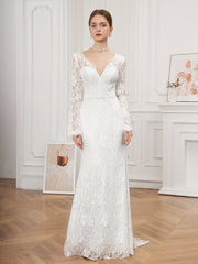 Floor-Length Lace V-Neck Wedding Dress