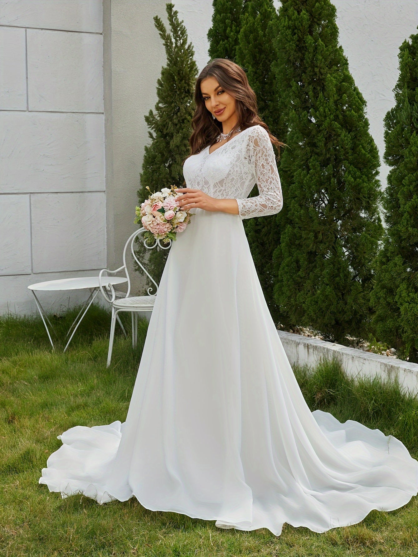 Long Sleeve Lace Backless Wedding Dress