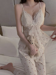 Women Cherry Print Lace Pajama Set