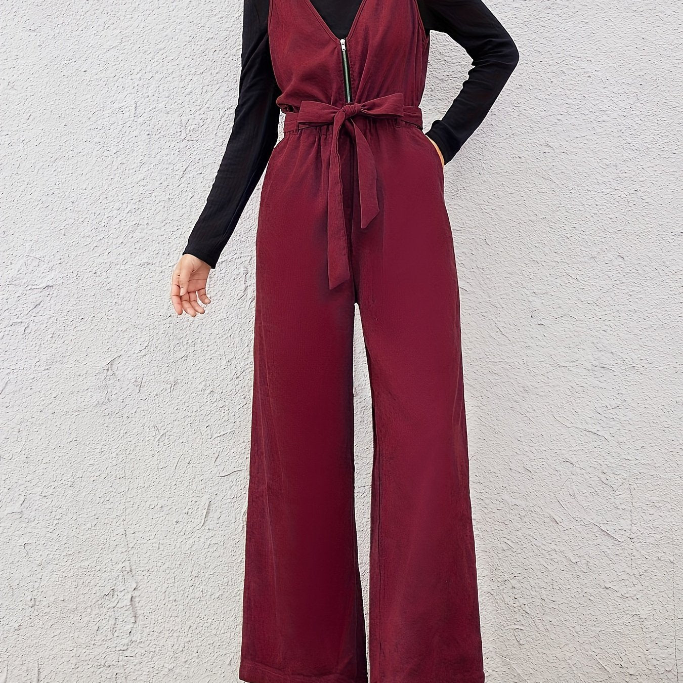 Women Belted V-Neck Zipper Jumpsuit