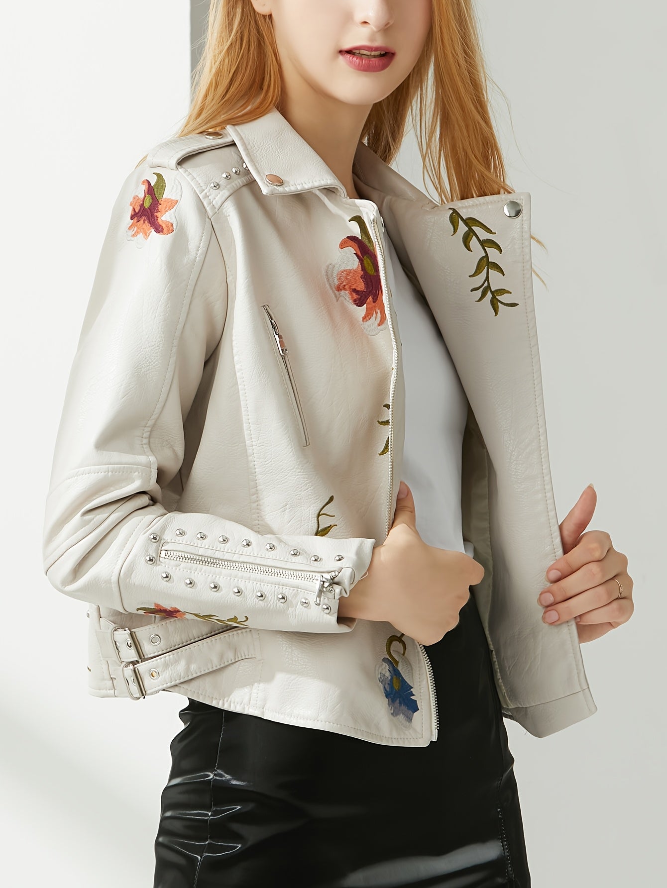Women’s Studded Floral Moto Biker Jacket