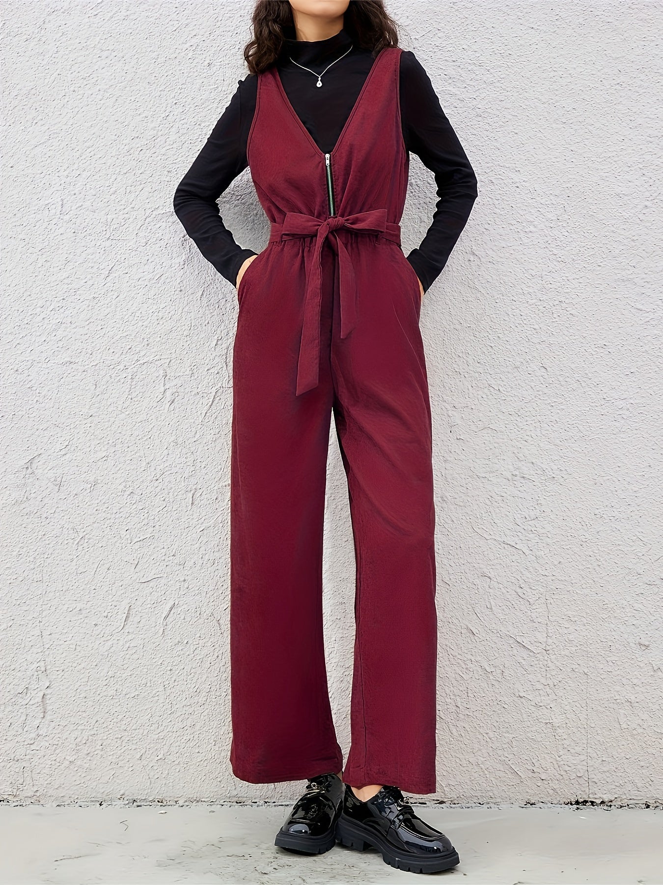 Women Belted V-Neck Zipper Jumpsuit