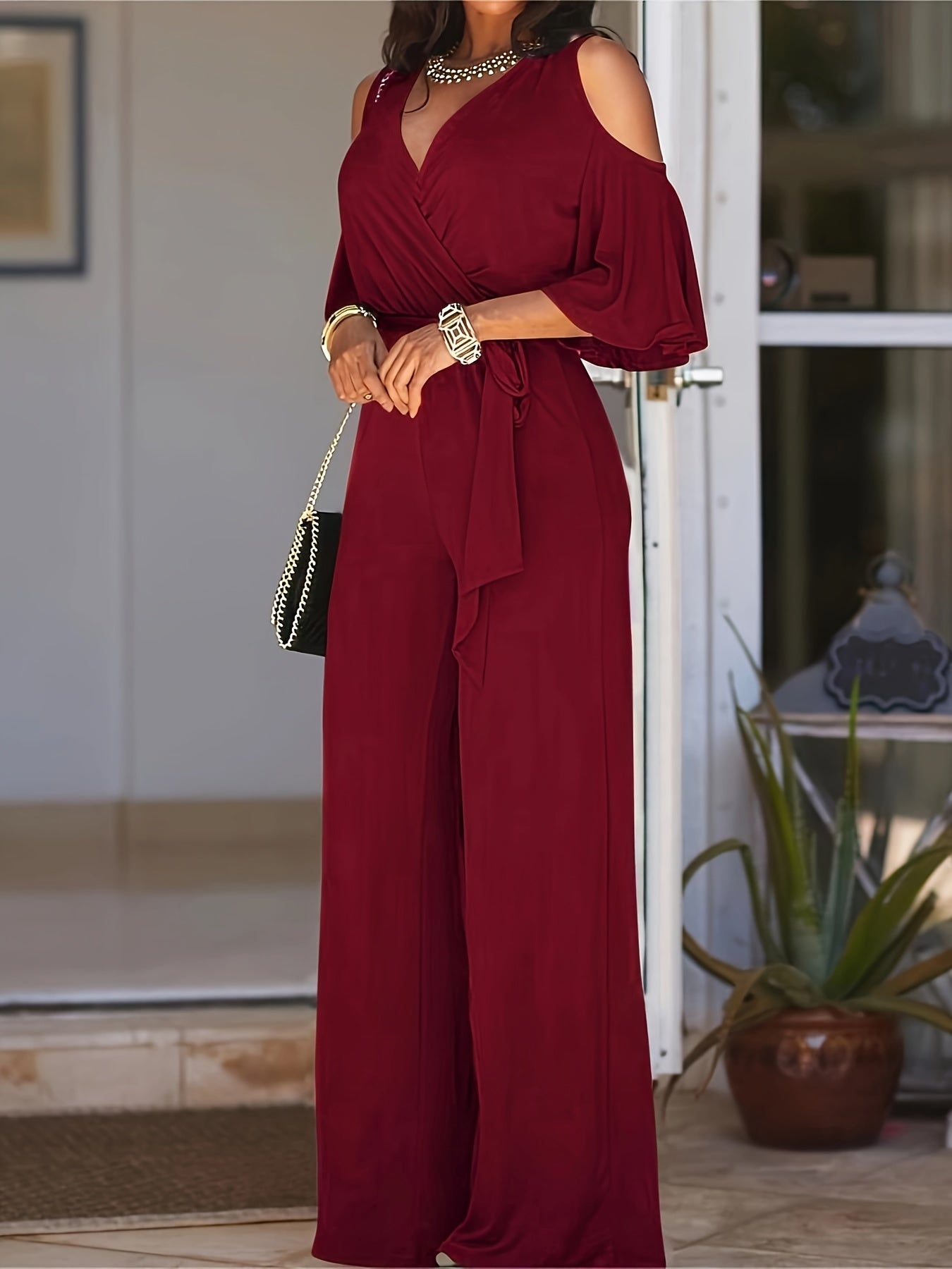 Women Cold Shoulder V-Neck Jumpsuit
